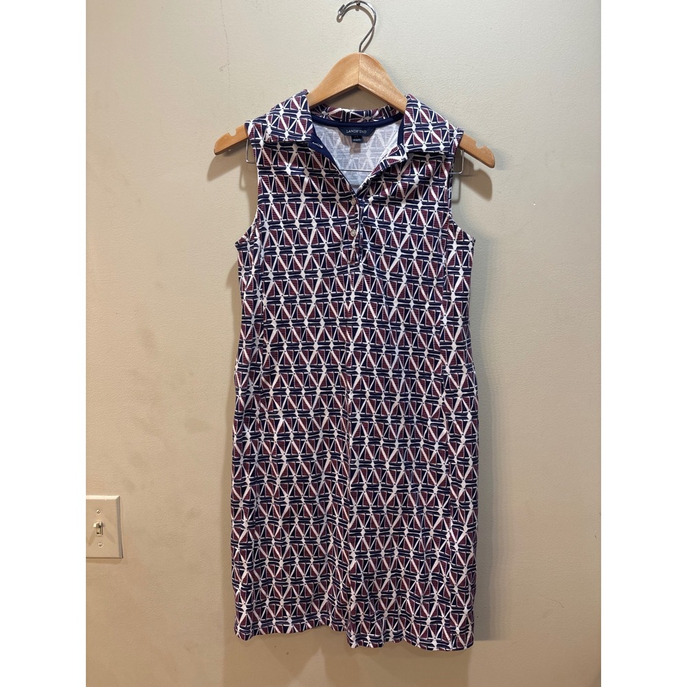 Lands End Womens XS 2-4 Sleeveless Polo Dress Geometric Nautical Navy Red White